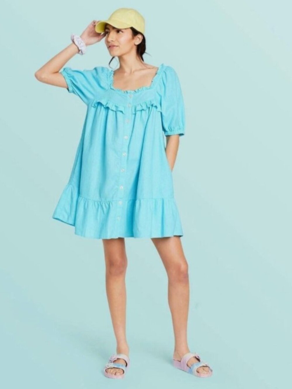 Stoney Clover Lane Womens Blue Short Sleeve Ruffle Linen Dress Small Cottagecore